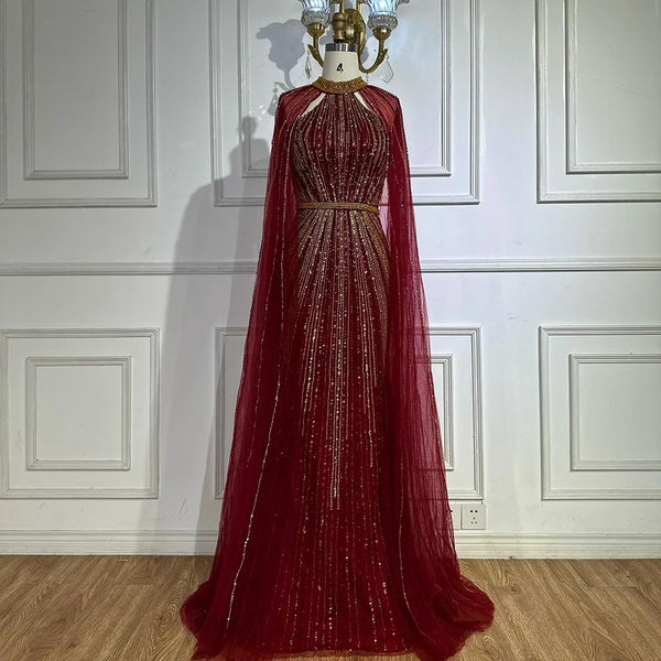 Luxury Dubai   Wine Red Beaded Mermaid Saudi Evening Dress with Cape for Formal Occasion LA72707A
