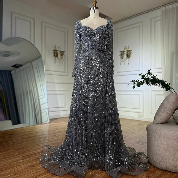 Luxury Dubai  Saudi Arabic Gray Mermaid Beaded With Overskirt Evening Dresses Gowns For Formal Occasion LA72849