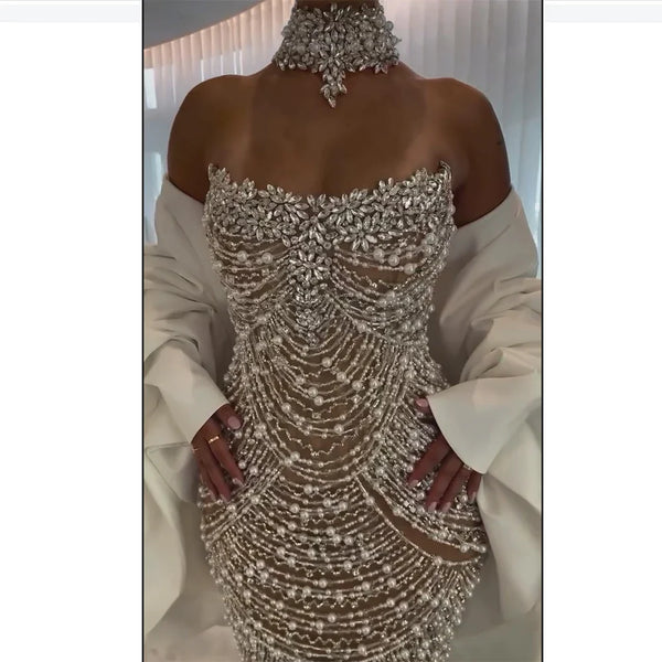 Luxury White Nude Beaded Mermaid Evening Dress LA72802