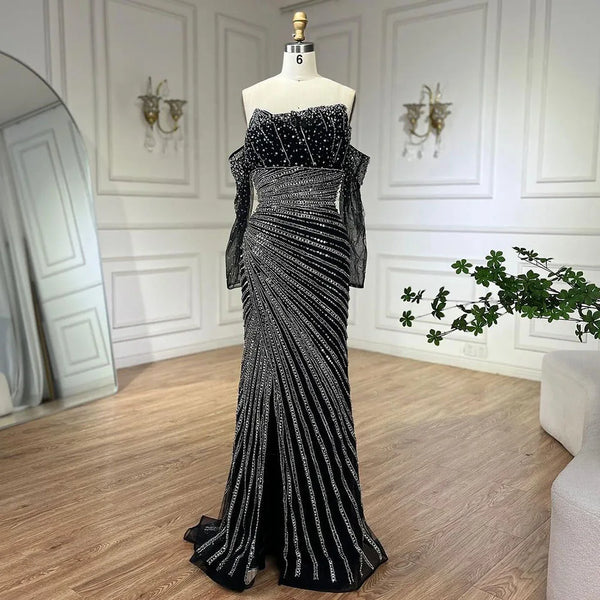 Serene Hill Arabia Black Elegant Split Mermaid Beaded Evening Dresses Gowns for Women Wedding Party 2025 LA72514