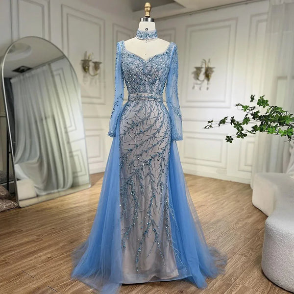 Luxury Beaded Mermaid Blue Evening Dress with Overskirt LA71653E