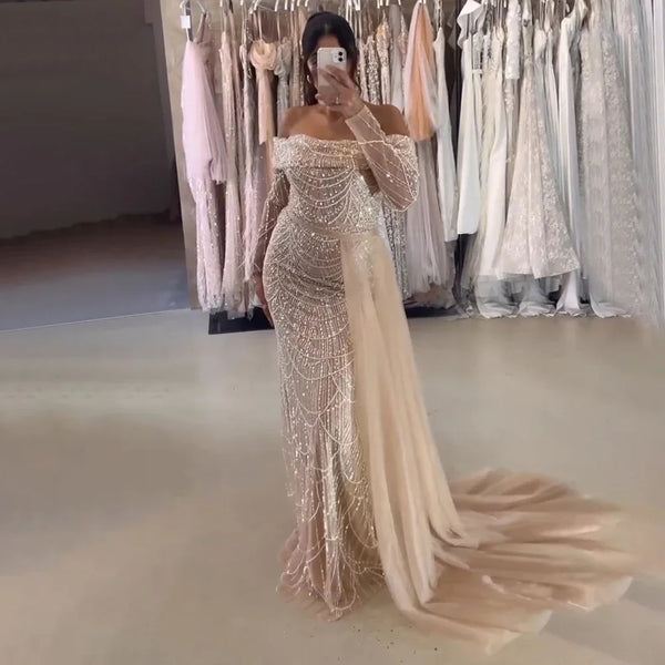 Off Shoulder Light Blue Mermaid Evening Dress with Detachable Overskirt Dubai LA72254