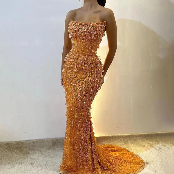 Serene Hill Arabia Orange Mermaid Luxury Beaded Crystal Evening Dresses Gowns for Women Wedding Party 2025 LA72402