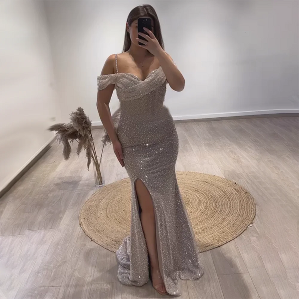 Serene Hill Arabia White Nude Mermaid Boat Neck Luxury Evening Dresses Gowns High Split for Women Wedding Party 2025 LA72301