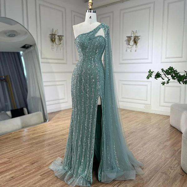 Serene Hill Arabic Beaded One Shoulder Cape Sleeves Turquoise Mermaid Evening Dresses Gowns For Women Wedding Party 2025 LA72284