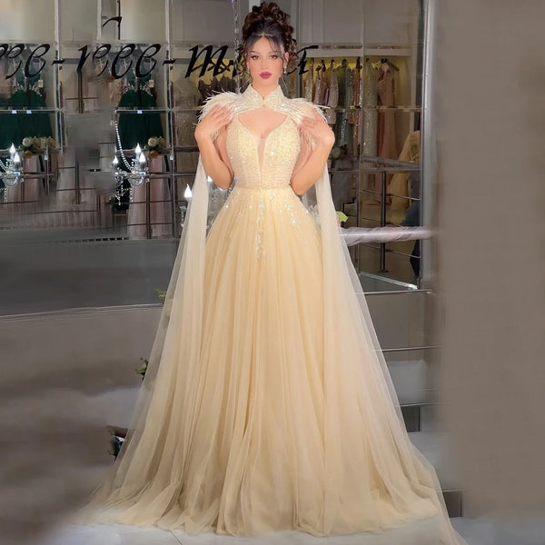 Luxury Dubai Arabic Beige A-Line Feathers Long Cape Luxury Beaded Saudi Evening Dresses Gowns for Formal Occasion  LA72722