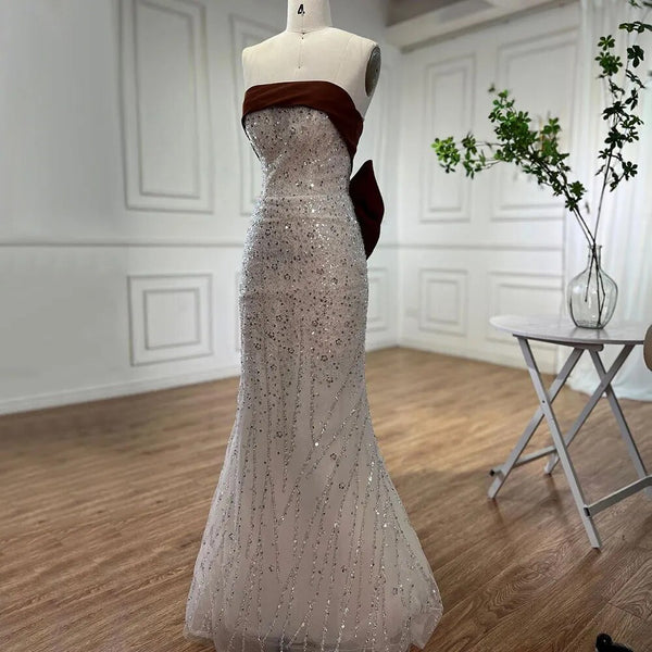 Serene Hill Arabic Beige Elegant Mermaid Sexy Beaded Evening Dresses 2025 Gowns For Women Wedding Party LA72065