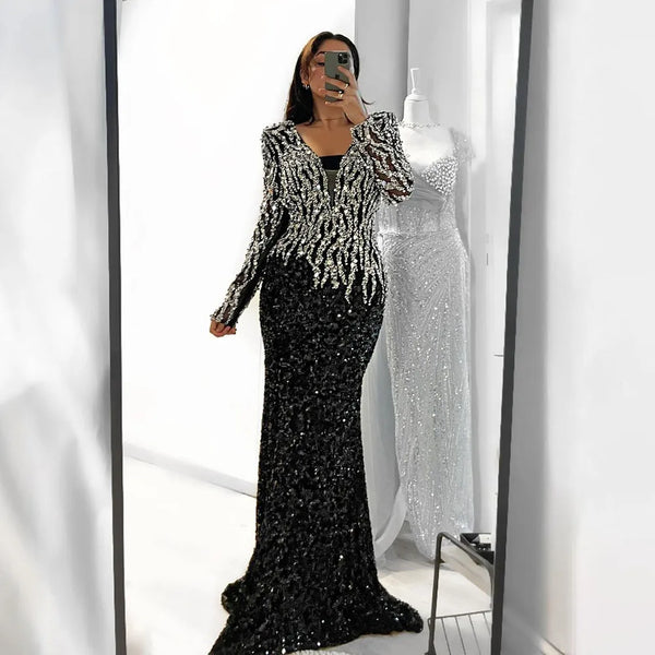 Black Mermaid Dubai Evening Dresses Elegant V-Neck Long Sleeves LA72220