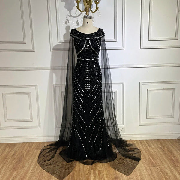 Serene Hill Arabic Black Mermaid Gown with Cape Sleeves and Beaded Luxury | Evening Dresses for Women Wedding Party 2025 LA72423