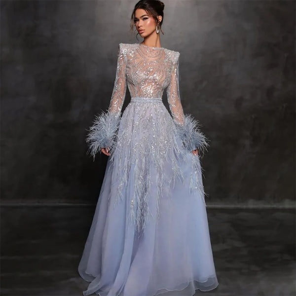 Serene Hill Arabic Blue A Line  Beaded Feathers Luxury Dubai Long Evening Dresses Gowns For Women Wedding Party 2025 LA71993