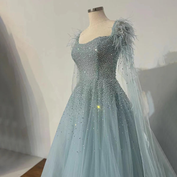Luxury Dubai Arabic Blue A Line Feathers Cape Sleeves Beaded Luxury Saudi Evening Dresses Gowns for Formal Occasion  LA71782A