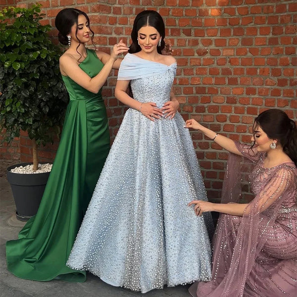 Serene Hill Arabic Blue Elegant A Line Floor Length Luxury Evening Dresses Gowns Beaded For Women Wedding Party 2025 LA72208