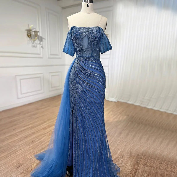 Serene Hill Arabic Blue Elegant Mermaid Sexy High Split Beaded Luxury Evening Dresses Gowns 2025 For Women Wedding Party LA71934