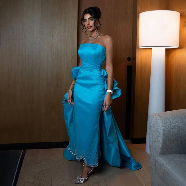 Serene Hill Arabic Blue Elegant Tea Length Mermaid Beaded Evening Dresses Gowns for Women Wedding Party 2025 LA72485
