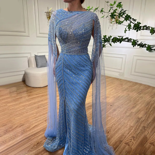Serene Hill Arabic Blue Mermaid Elegant Cape Sleeves Split Beaded Evening Dresses Gowns For Women Wedding Party 2025 LA72084