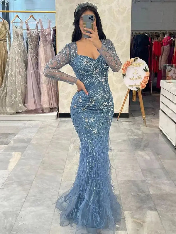 Serene Hill Arabic Blue Mermaid Elegant Feather Beaded Evening Dresses Gowns For Women Party 2025 LA71818