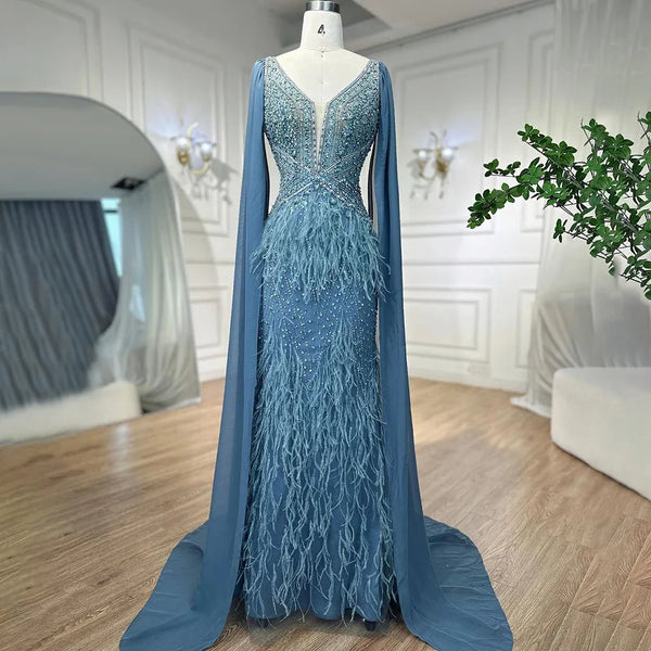 Serene Hill Arabic Blue Mermaid Elegant With Cape Luxury Beaded Feather Dubai Evening Dresses Gowns for Women Party LA71583B
