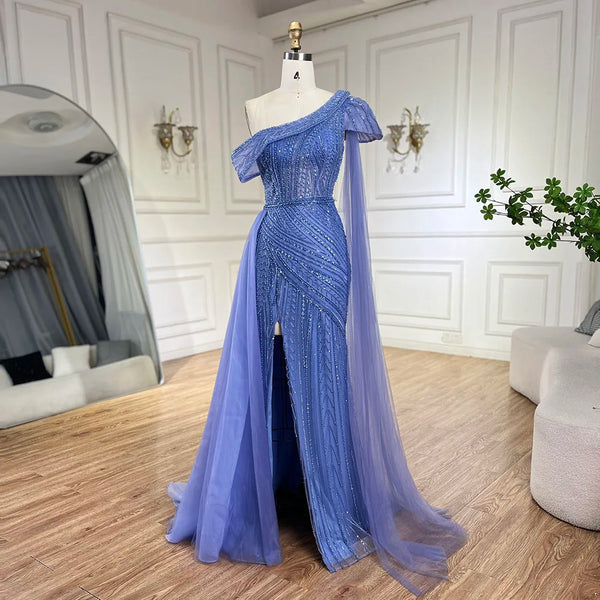 Luxury One Shoulder Blue Evening Dress with Overskirt LA72596