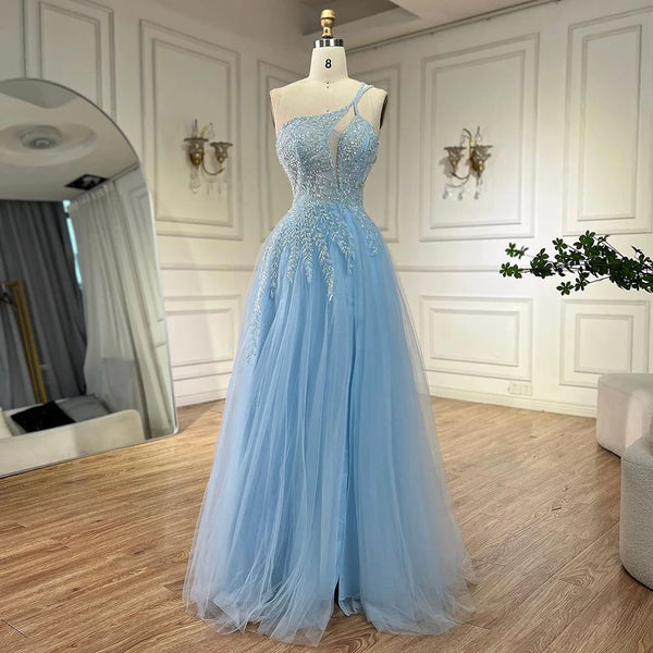 Serene Hill Arabic Blue Spaghetti Strap A Line One Shoulder Beaded Luxury Evening Dresses Gowns for Women's Party 2025 LA72589