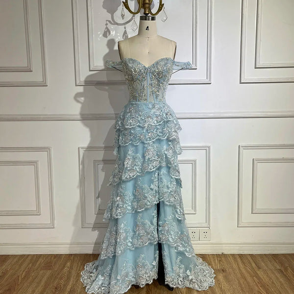 Serene Hill Arabic Blue Spaghetti Strap Tiered Beaded Evening Gown with Front Split for Women - Wedding Party 2025 LA72593