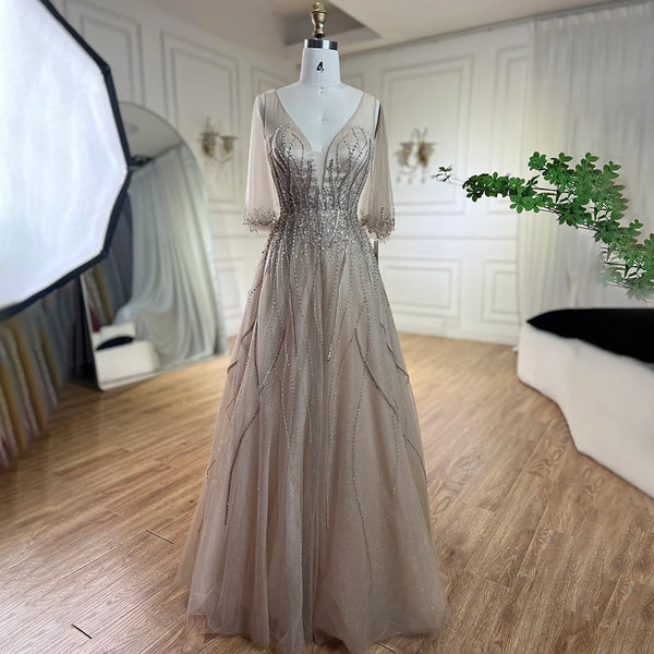 Serene Hill Arabic Caramel A Line Dubai Evening Dresses Gowns 2025 Beaded Luxury For Women Wedding Party LA72252