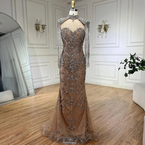 Luxury Dubai Arabic Caramel Mermaid Tassel Beaded Luxury Dubai Evening Dresses Gowns For Women Wedding Party  LA72237A