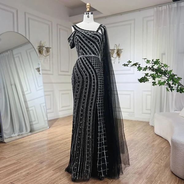 Serene Hill Arabic Dubai Black Long Cloak Mermaid Beaded Luxury Evening Dresses Gowns for Women Wedding Party 2025 LA72296