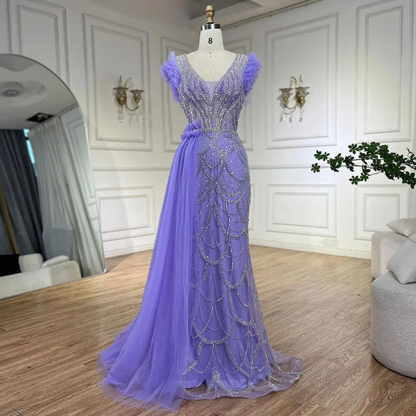Serene Hill Arabic Dubai Lilac Mermaid With Overskirt Beaded Luxury Evening Dresses Gowns for Women Wedding Party 2025 LA72564
