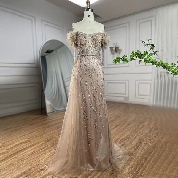 Serene Hill Arabic Dubai Nude Mermaid Luxury Evening Dresses Gowns Boat Neck Beaded Tassel For Women Wedding Party 2025 LA72260