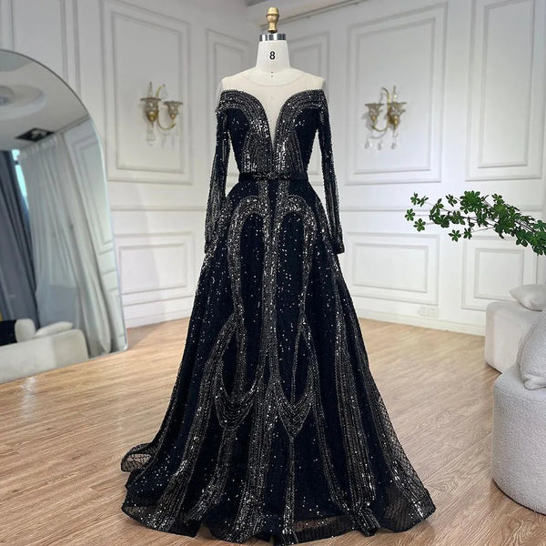 Serene Hill Arabic Elegant Black A Line Shiny Beaded Luxury Dubai Evening Dresses Gowns For Women Wedding Party 2025 LA72566