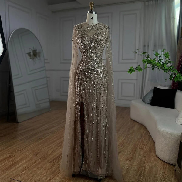Serene Hill Arabic Elegant Cape Sleeves Mermaid Nude Dubai Evening Dresses Gowns Beaded Luxury For Women Party 2025 LA71429B