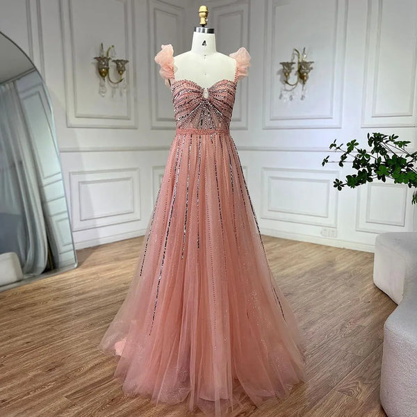 Serene Hill Arabic Elegant Peach Beaded A-Line Evening Gown 2025 Boat Neck Luxury Dress for Women Long Party Dress LA72324