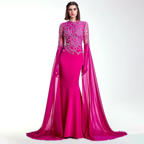 Serene Hill Arabic Fuchsia Mermaid Cape Sleeves Luxury Dubai Evening Dress Beaded With Gloves for Women's Party 2025 LA72509