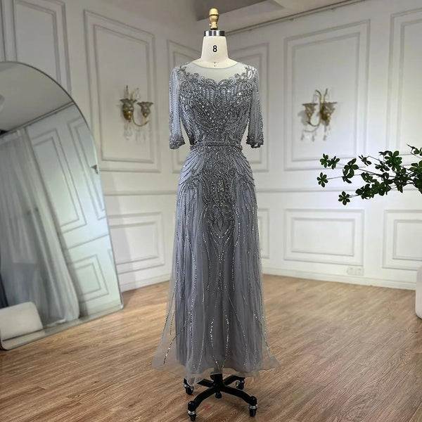 Serene Hill Arabic Gray Elegant Tea Length Mermaid Beaded Luxury Evening Dresses Gowns for Women Wedding Party 2025 LA72559