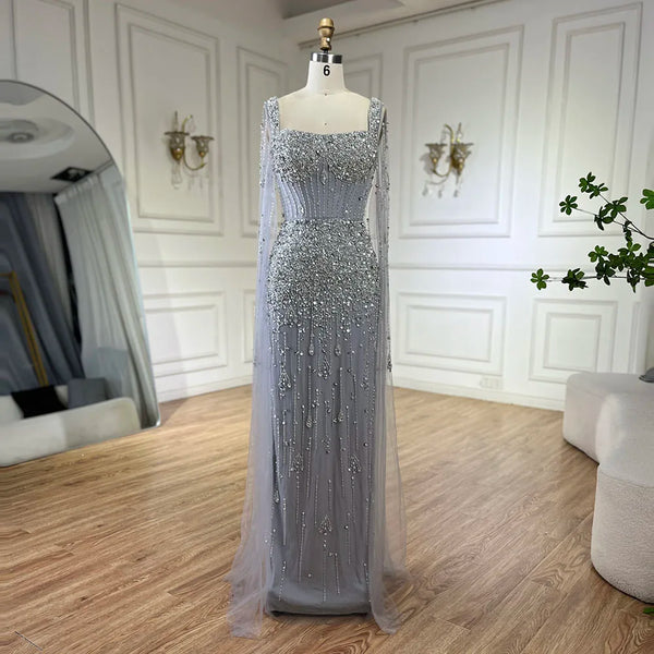 Serene Hill Arabic Gray Mermaid Beaded Luxury Dubai Long Evening Gown with Cape Sleeves Elegant for Women - Party 2025 LA72592