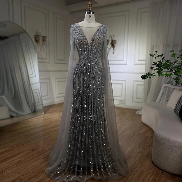 Mermaid Silver Gray Evening Dresses with Cape Sleeves LA72289