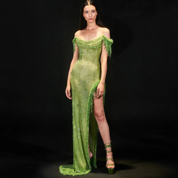 Serene Hill Arabic Green Crystal Tassel Saudi Evening Dresses Gowns High Split Prom Dress for Women Wedding Party 2025 LA72490