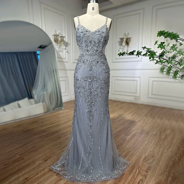 Serene Hill Arabic Grey Mermaid Spaghetti Straps Elegant Evening Dresses Gowns Luxury Beaded 2025 For Woman Party LA71652