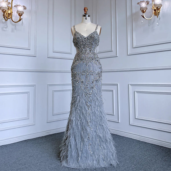 Serene Hill Arabic Grey Mermaid Spaghetti Straps Evening Dresses Gowns Luxury Beaded 2025 for Women's Wedding Party LA71652A