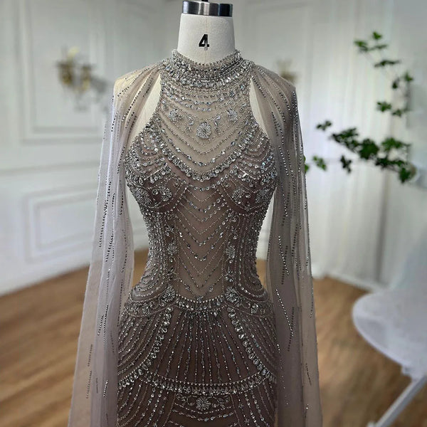 Luxury Dubai Arabic Luxury Dubai Caramel Mermaid Cape Sleeves Beaded Evening Dresses Gowns   For Women Party LA72138