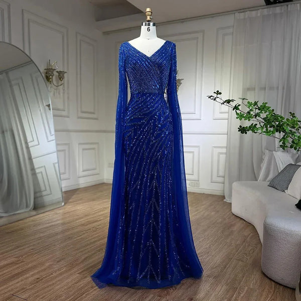 Serene Hill Arabic Mermaid Blue Beaded Elegant Cape Sleeves Luxury Evening Dress Gown For Women Wedding Party 2025 LA71493A