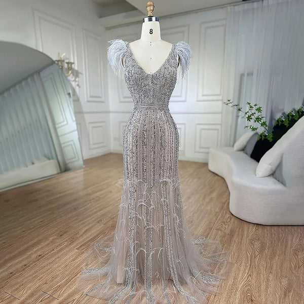 Serene Hill Arabic Mermaid Grey Nude V Neck Evening Dresses Gowns 2025 Feather Beaded Elegant For Women Wedding Party LA72184