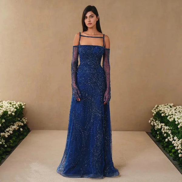 Serene Hill Arabic Navy Blue A-Line Spaghetti Strap Beaded Long Evening Dresses for Women Elegant Party 2025 LA72469