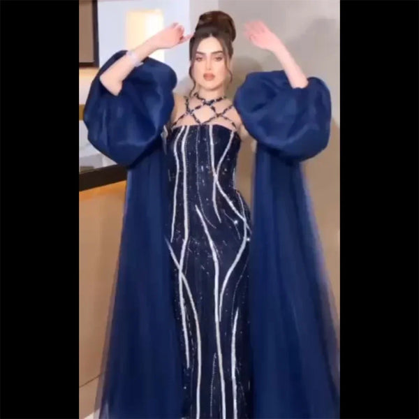 Serene Hill Arabic Navy Blue Elegant Mermaid Balloon Sleeves Beaded Luxury Dubai Evening Dresses Gowns For Women Party LA72072