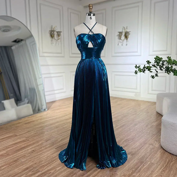 Serene Hill Arabic Navy Blue Halter Straps Lace-Up Back Mermaid Beaded Evening Gown for Women | Wedding Party  LA72625