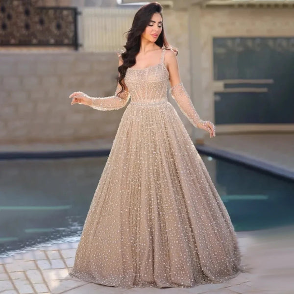 Serene Hill Arabic Nude A-Line Evening Dress 2025 Spaghetti Strap with Gloves for Women's Wedding Party LA72363
