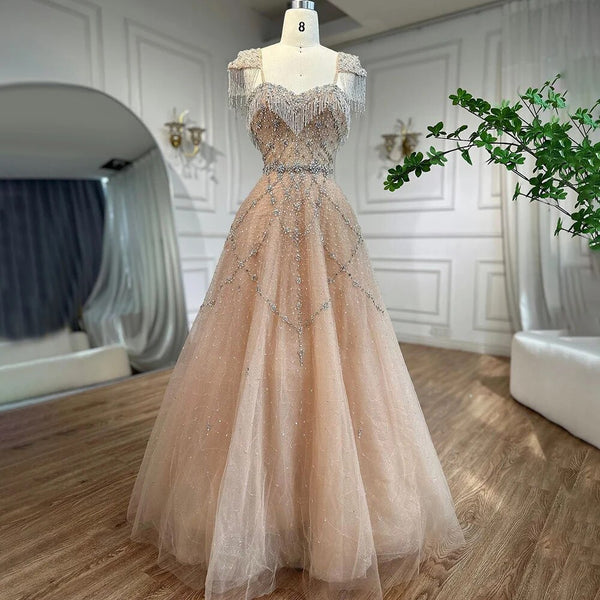 Serene Hill Arabic Nude A Line Sweetheart Beaded Tassel Lace Up Evening Dresses Gowns For Women Wedding Party 2025 LA72214