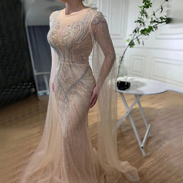 Serene Hill Arabic Nude Mermaid Cape Sleeves Elegant Beaded Evening Dresses Luxury Gowns 2025 For Women Wedding Party LA72165