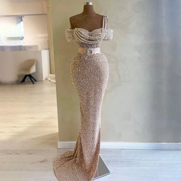 Serene Hill Arabic Nude Mermaid One Shoulder Beaded Luxury Dubai Evening Dresses Gowns For Women Wedding Party 2025 LA72318B