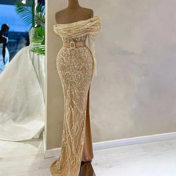 Serene Hill Arabic Nude Mermaid One Shoulder Beaded Luxury Dubai Evening Dresses Gowns For Women Wedding Party 2025 LA72161